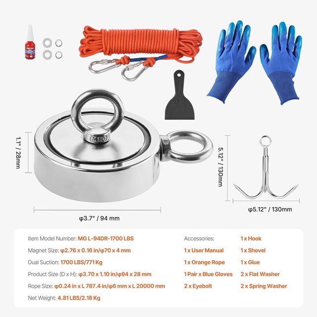 Kit di Pesca con Magnete da 771 kg con Magnete Forte su Entrambi i Lati, Kit di Pesca con Magnete al Neodimio N35 a Terre Rare con Uncino, Corda Resistente, Guanti e Ancora