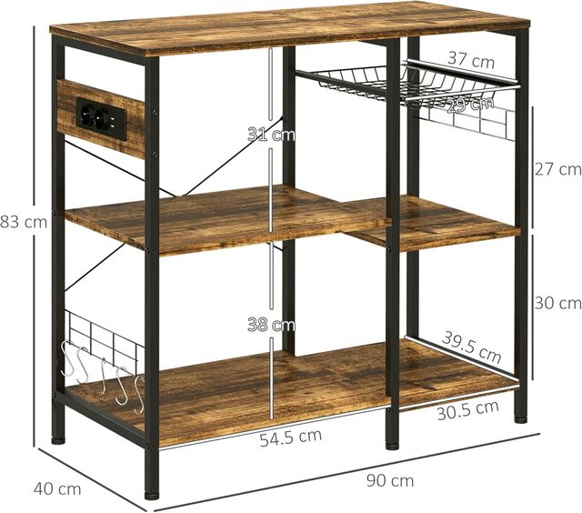 Mueble De Cocina De 3 Estantes En Aglomerado Con Toma De Corriente, Puerto USB Y Cesto Extraíble De Metal, 90X40X83Cm, Marrón Rústico