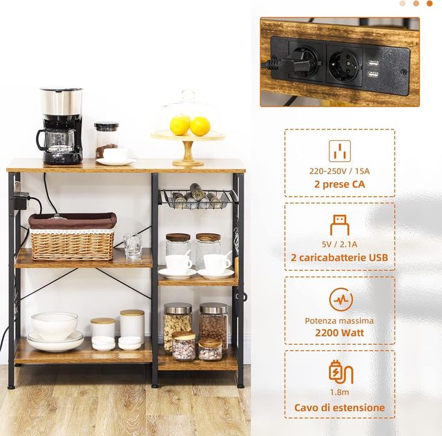 Mueble De Cocina De 3 Estantes En Aglomerado Con Toma De Corriente, Puerto USB Y Cesto Extraíble De Metal, 90X40X83Cm, Marrón Rústico