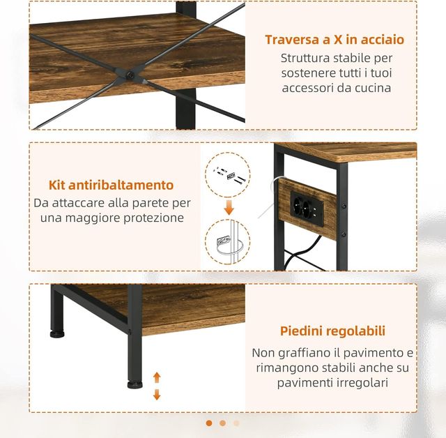 Mueble De Cocina De 3 Estantes En Aglomerado Con Toma De Corriente, Puerto USB Y Cesto Extraíble De Metal, 90X40X83Cm, Marrón Rústico