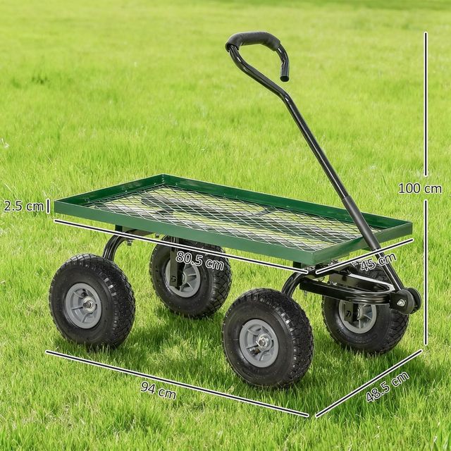 Carro De Jardín Con Mango Cubierto Y 4 Ruedas Grandes De Ø24 Cm, Carro De Exterior De Acero, Capacidad 150 Kg, 94X48.5X100 Cm, Negro Y Verde