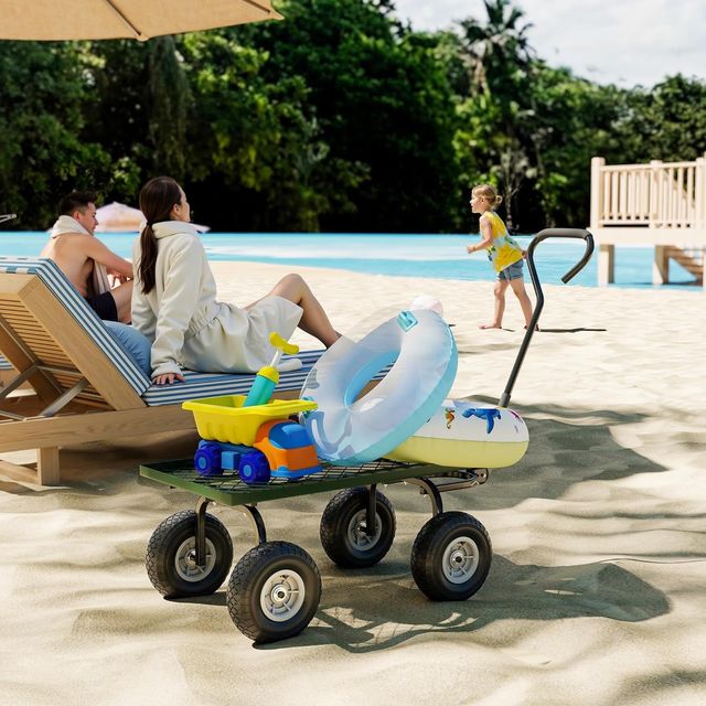 Carro De Jardín Con Mango Cubierto Y 4 Ruedas Grandes De Ø24 Cm, Carro De Exterior De Acero, Capacidad 150 Kg, 94X48.5X100 Cm, Negro Y Verde