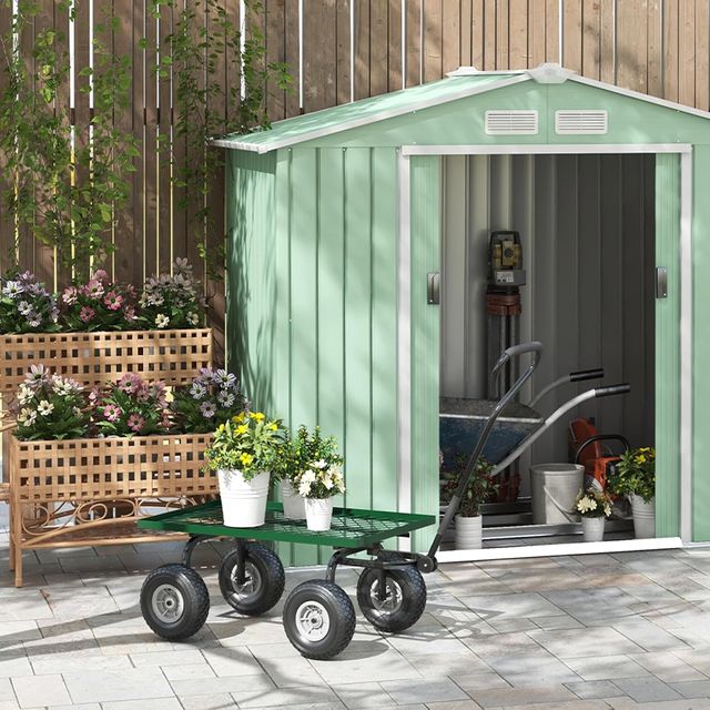 Carro De Jardín Con Mango Cubierto Y 4 Ruedas Grandes De Ø24 Cm, Carro De Exterior De Acero, Capacidad 150 Kg, 94X48.5X100 Cm, Negro Y Verde
