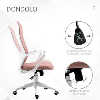 Silla De Oficina, Silla De Escritorio Ergonómica Con Soporte Lumbar, Respaldo Alto Y Reposabrazos, Sillón De Estudio Giratorio En Tela Con Función De Balanceo Y Altura Regulable, Rosa