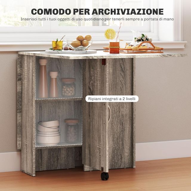 Mesa de Comedor Plegable, Mesa de Cocina con Alas Abatibles para 6 Personas, Escritorio Plegable Ahorra Espacio con 2 Estantes Abiertos y Ruedas con Freno, para Sala de Estar, Oficina, 140X75X74Cm...
