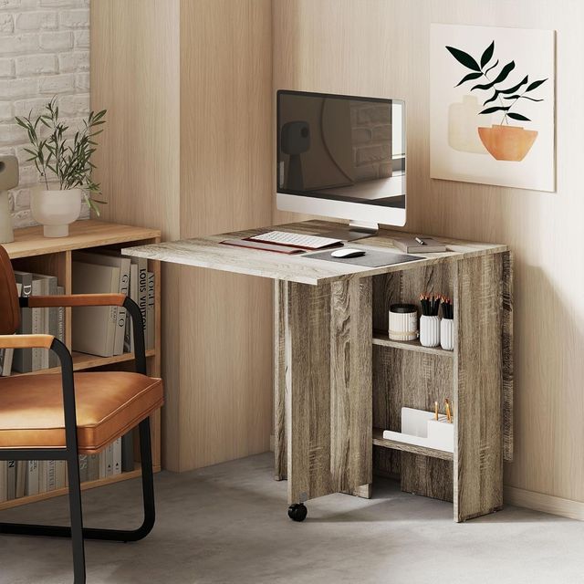 Mesa de Comedor Plegable, Mesa de Cocina con Alas Abatibles para 6 Personas, Escritorio Plegable Ahorra Espacio con 2 Estantes Abiertos y Ruedas con Freno, para Sala de Estar, Oficina, 140X75X74Cm...