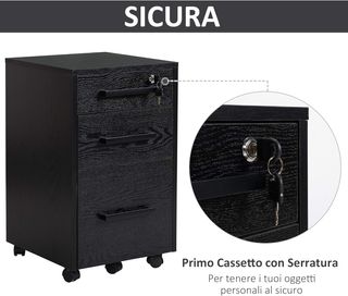 Archiviatore da Ufficio con 3 Cassetti e Serratura, in Legno, Nero, 39.2 X 40 X 65.4Cm