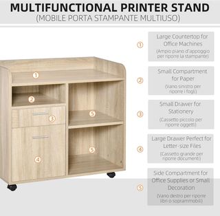 Armadio multiuso per stampante, con 2 cassetti, ripiani regolabili aperti per casa, ufficio, soggiorno, rovere