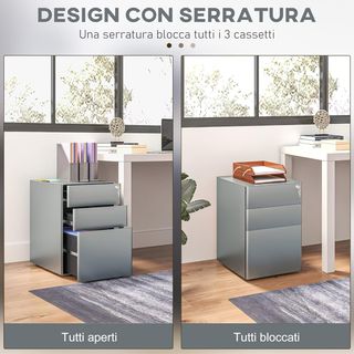 Archiviatore da ufficio con 3 cassetti e serratura, archiviatore per scrivania con ruote in acciaio, 39x48x59 cm, grigio