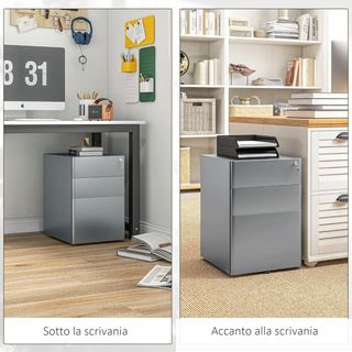 Archiviatore da ufficio con 3 cassetti e serratura, archiviatore per scrivania con ruote in acciaio, 39x48x59 cm, grigio