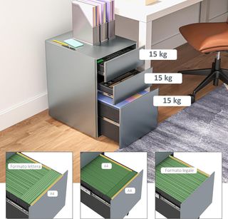 Archiviatore da ufficio con 3 cassetti e serratura, archiviatore per scrivania con ruote in acciaio, 39x48x59 cm, grigio