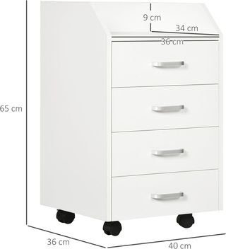 Comodino da Ufficio con 4 Cassetti Salvaspazio, Mobile per Ufficio con Ruote e Bordi Elevati, per Documenti e Cancelleria, 40X36X65Cm, Bianco