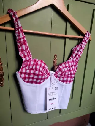 Top Corsé Cuadros Rojo rosa Blanco ZARA verano
