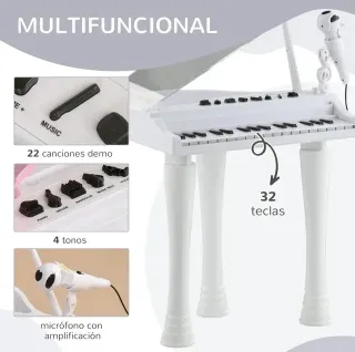 Piano Infantil Blanco con Micrófono y Taburete