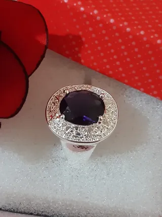 Anillo Talla 7 Baño Plata Diamante Morado