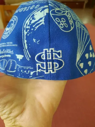 Cappellino Blu con Stampa Dollari e Carte da Gioco
