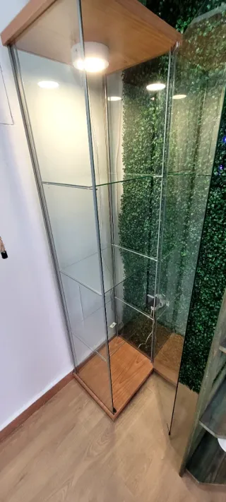 Vitrina de cristal con luz y ruedas