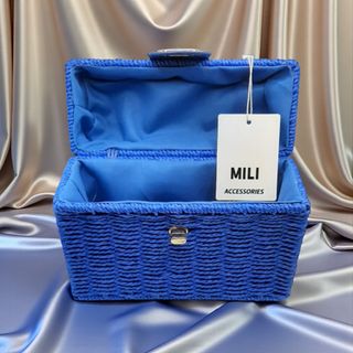 Borsa Mili blu in paglia con dettagli oro