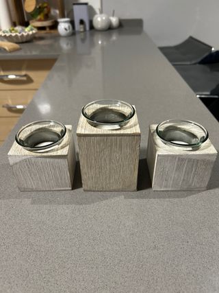 Lote de 3 portavelas de madera y cristal