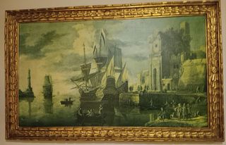 Cuadro antiguo escena marítima con marco vintage