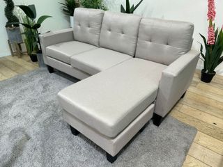 Sofá Chaise Longue Beige Tela Puff