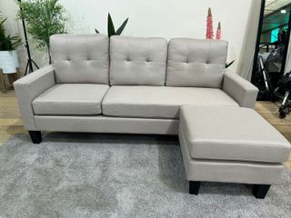 Sofá Chaise Longue Beige Tela Puff