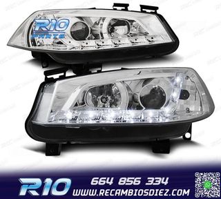 FAROS RENAULT MEGANE 02-05 LUZ DIURNA LED FONDO CROMO