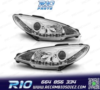 FAROS PEUGEOT 206 98-08 LUZ DIURNA REAL LED FONDO CROMO