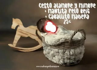 Atrezzo fotografía cesta manta y caballo madera