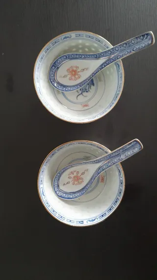 Juego 2 cuencos chinos porcelana, con cuchara