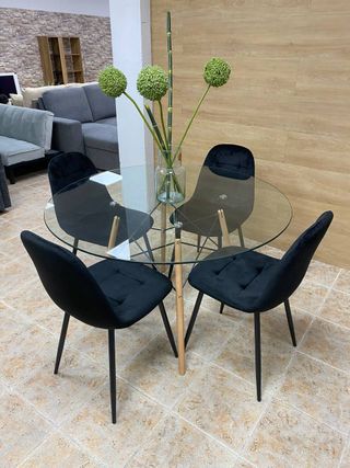 Mesa redonda cristal + 4 sillas comedor