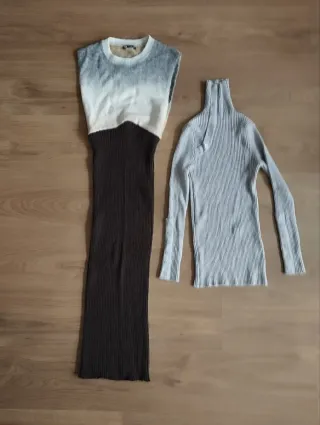 Lote Vestido largo marrón y jerséis gris