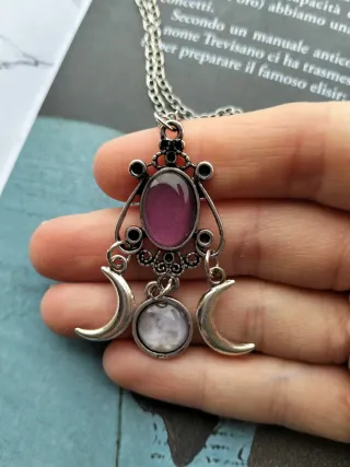 Collana strega triplice luna rosa e argento