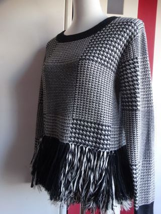 Maglione donna fantasia pied poule frange elegante