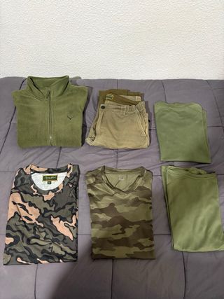 Ropa de caza verde y camuflaje