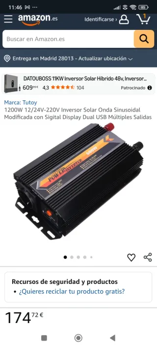 Inversor de Corriente Tutoy 1000W DC 12V a AC 220-