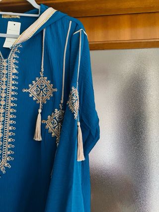 Vestido fiesta y l3id azul y oro