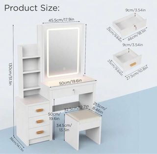 Tocador blanco con espejo LED y taburete