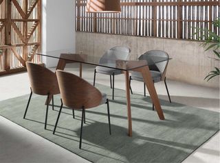 8 Sillas Tela Gris y Madera Nogal Nuevas