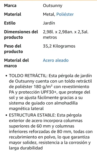 Pérgola Outsunny 3x3m Techo Retráctil