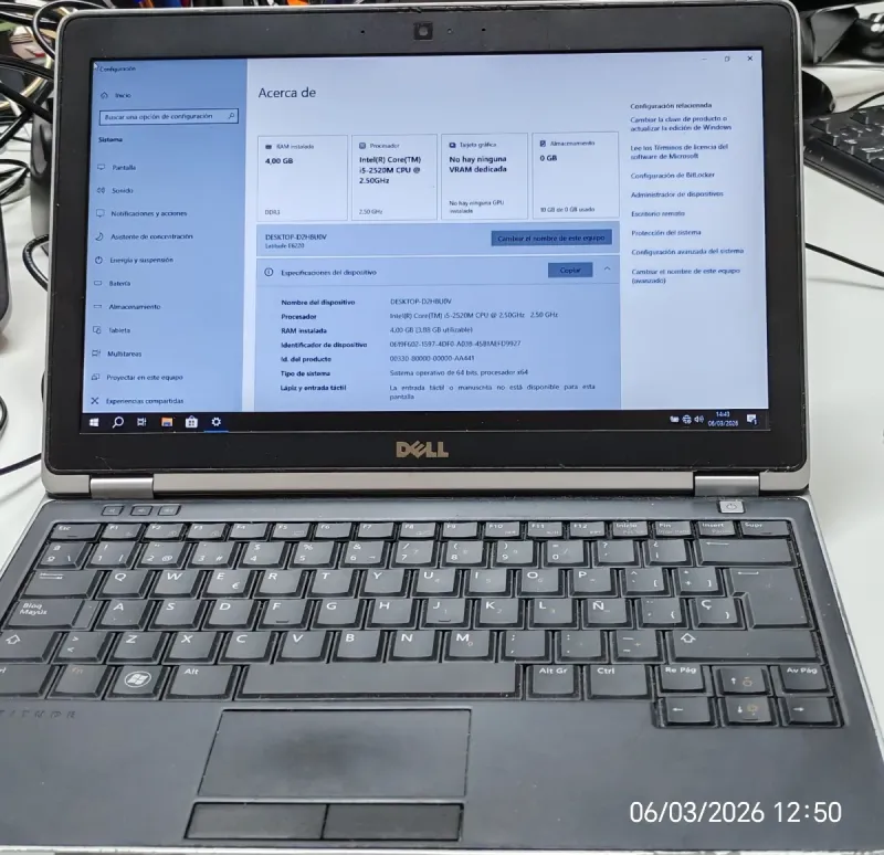 Portátil Dell i5 12.5 pulgadas,  4GB RAM - 256 GB