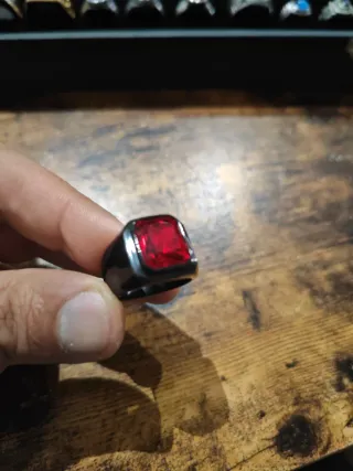 Anillo Acero Negro Hombre Piedra Roja