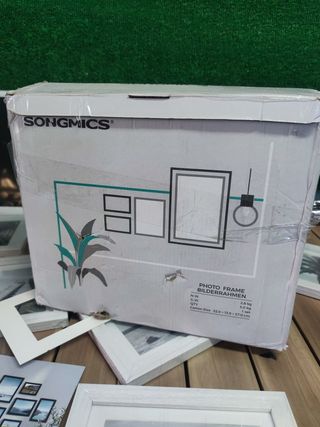 SONGMICS Marcos de Fotos con 16 Alfombrillas, Juego de 10 Marcos de Cuadros, Dos 20x25 cm, Cuatro 13x18 cm, Cuatro 10x15 cm, Colgar o Mostrar, 12 Clavos, Blanco Rústico