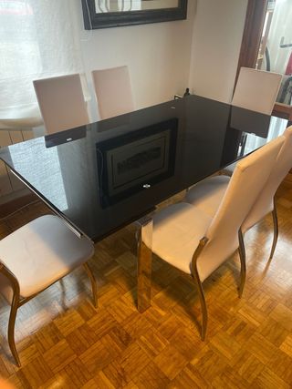 Mesa Comedor Cristal Negra + 6 Sillas Blancas
