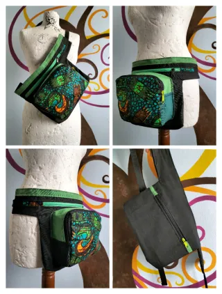 Riñonera tela africana y negra/verde