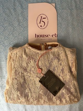 Vestido largo encaje beige y blanco