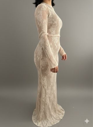 Vestido largo encaje beige y blanco