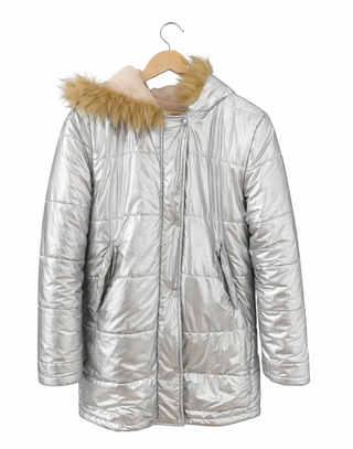 Chaqueta plateada con capucha y pelo