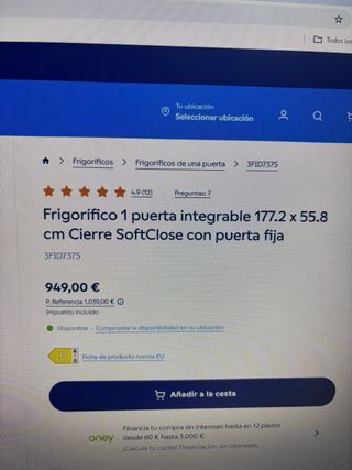 Nevera Balay Integrable 1 Puerta. Uso 6 meses.