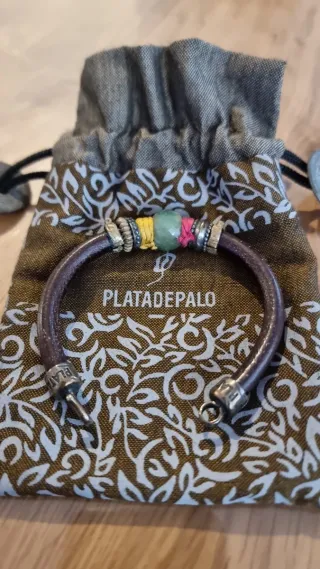 Pulsera Plata de Palo Cuero y Piedra Verde